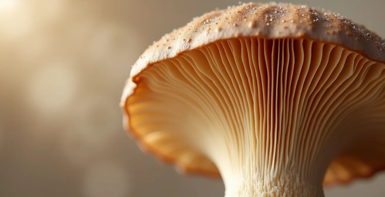 Dettaglio macro di un fungo medicinale che mostra la texture e la qualità naturale