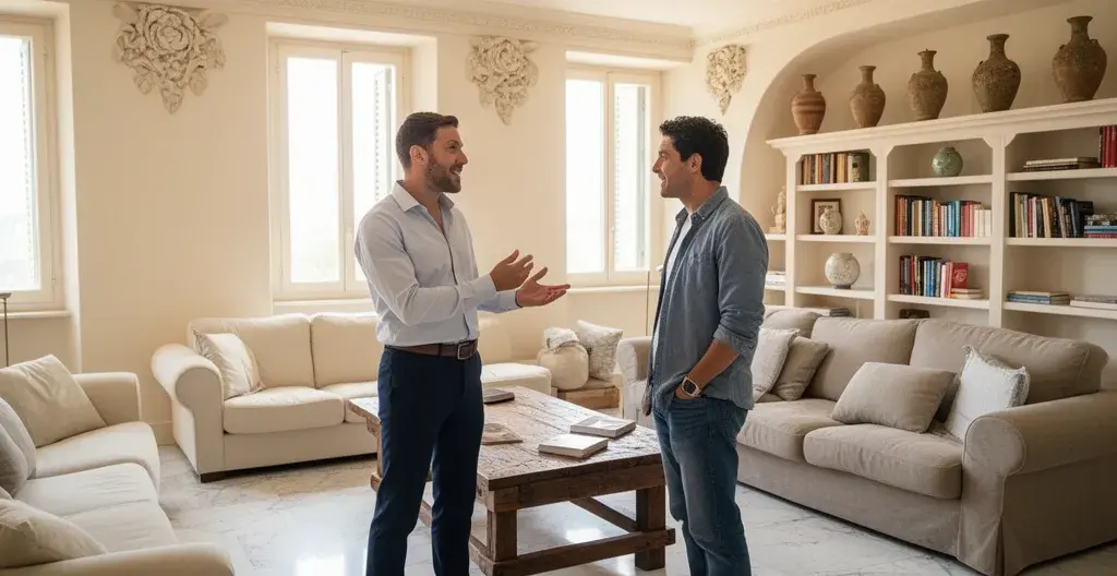 Agente immobiliare mostra appartamento romano a cliente durante visita