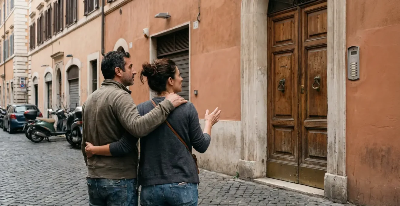 Coppia italiana osserva edificio residenziale romano per valutazione agenzia immobiliare
