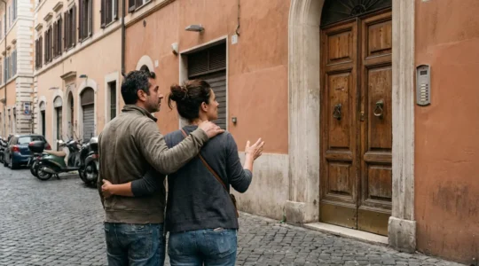 Coppia italiana osserva edificio residenziale romano per valutazione agenzia immobiliare