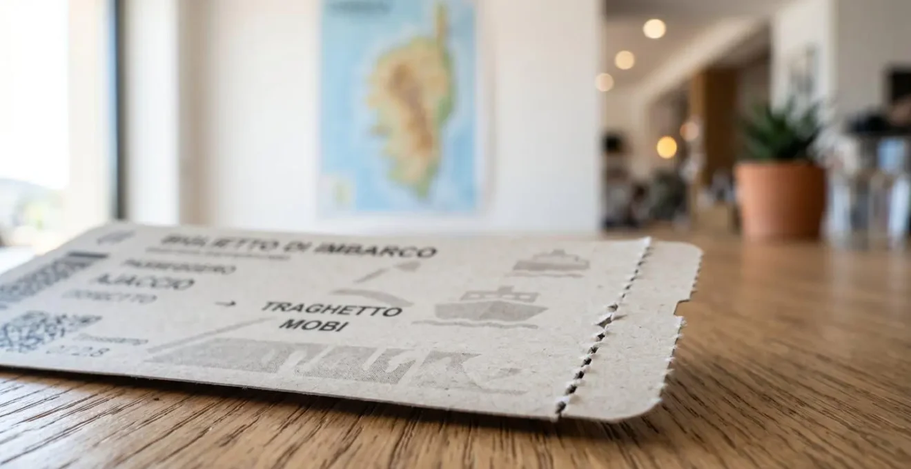 Primo piano ravvicinato di una carta d'imbarco per traghetto appoggiata su un tavolo in legno moderno, con una mappa della Corsica parzialmente visibile e sfocata sullo sfondo e una mano che indica un percorso fuori fuoco