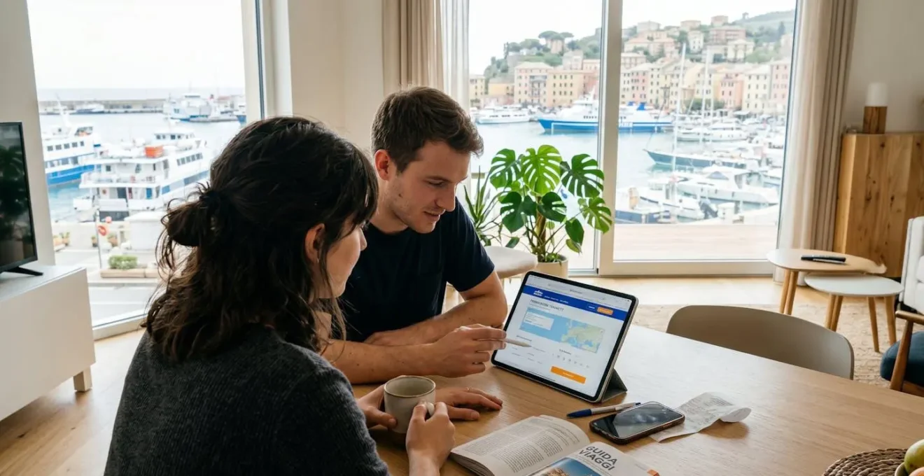 Una coppia vista di spalle consulta insieme un tablet mostrando un sito di prenotazione traghetti, seduti a un tavolo moderno con finestra che affaccia su un porto sfocato sullo sfondo