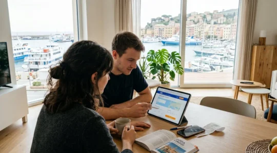 Una coppia vista di spalle consulta insieme un tablet mostrando un sito di prenotazione traghetti, seduti a un tavolo moderno con finestra che affaccia su un porto sfocato sullo sfondo