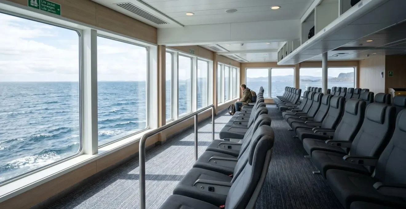 Veduta grandangolare dell'interno di un moderno traghetto con saloni passeggeri dotati di poltrone reclinabili, ampie vetrate panoramiche che mostrano il mare e luce naturale abbondante in un ambiente contemporaneo pulito e quasi vuoto